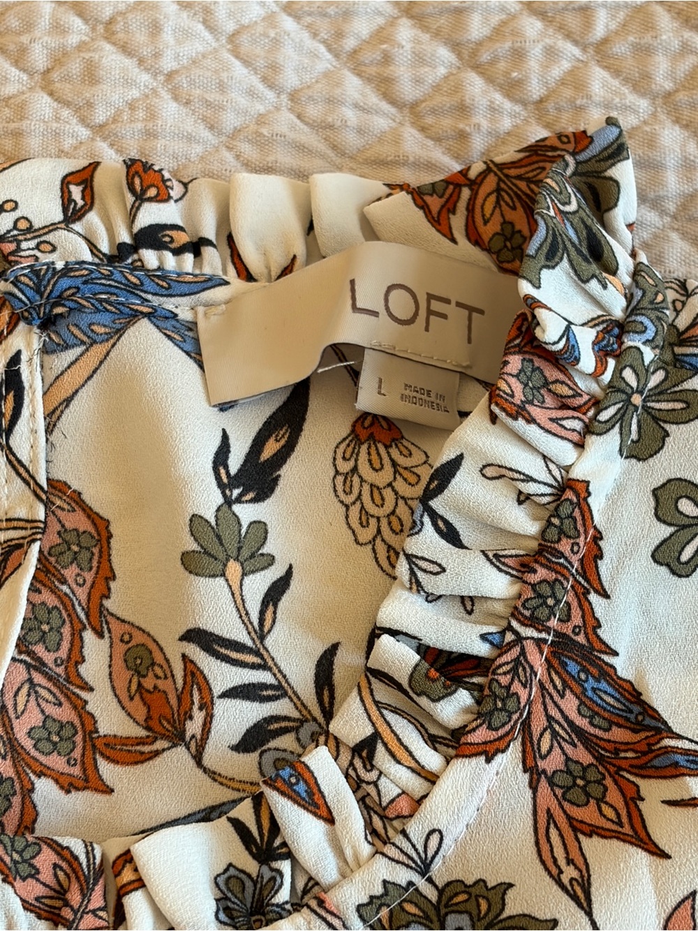 LOFT Cream Floral Long-Sleeve Blouse with Blue & Brown Print - Picture 2 of 2